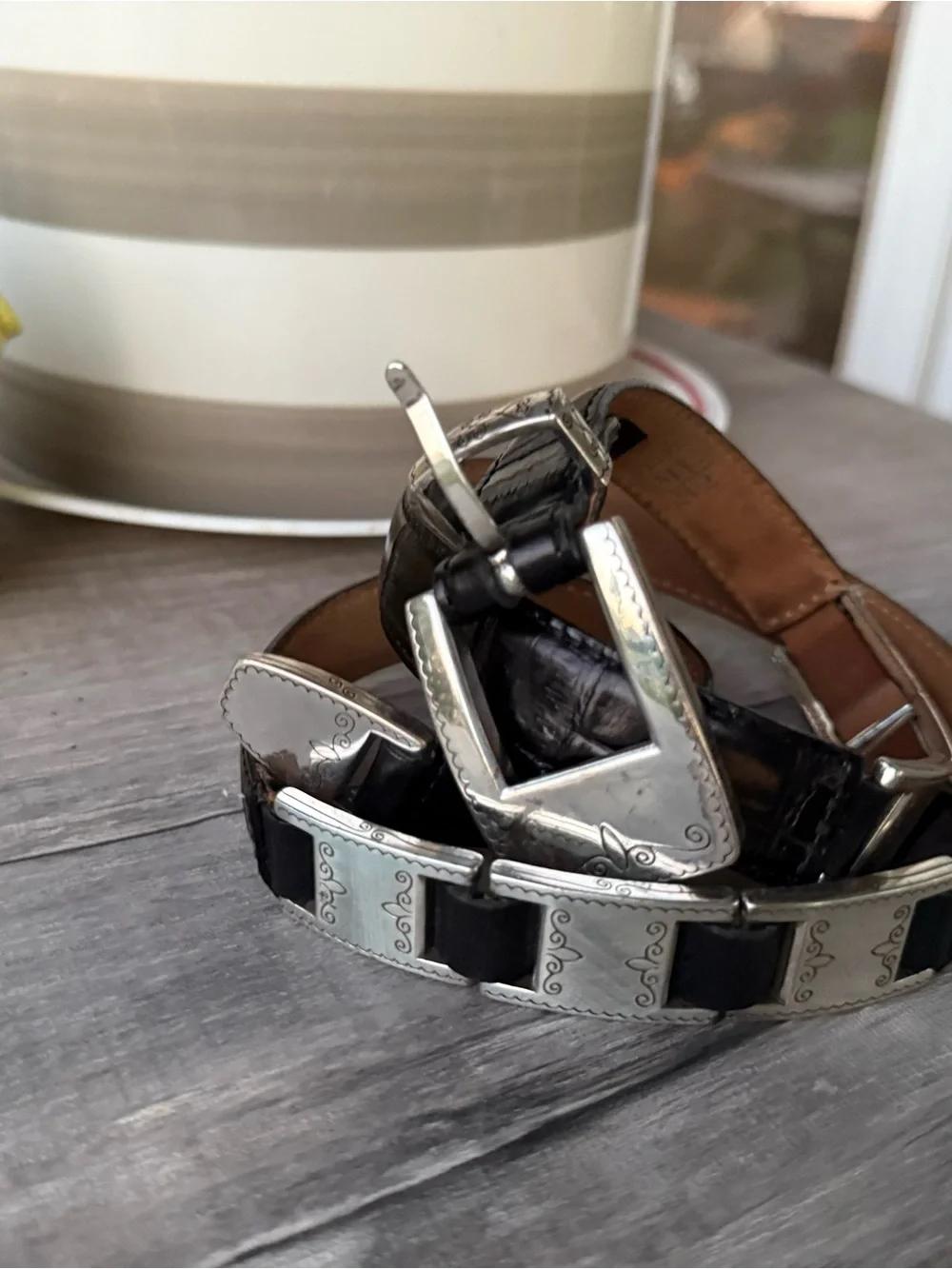 Brighton Black Leather Belt with Engraved Silver Plates